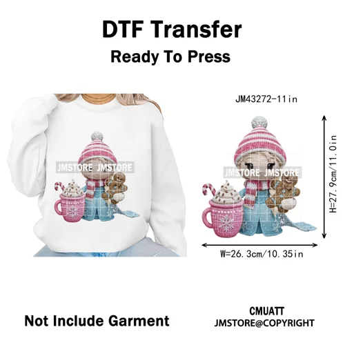 Faux Yarn Pink Hot Cocoa Cartoon Character Santa Cozy Christmas Iron on  DTF Transfers Stickers Ready to Press for T-shirts Bags