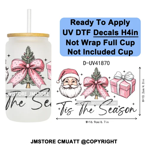 Watercolor Christmas Farm Truck Xmas Gifts UV DTF Transfer Stickers Decals Ready To Apply Waterproof For 16OZ Libbey Glass Can