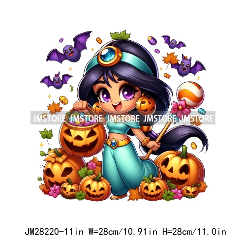 Washable Chibi Spooky Princess Pumpkin Halloween Trick Or Treat Witch Iron On DTF Transfers Stickers Ready To Press For Hoodies