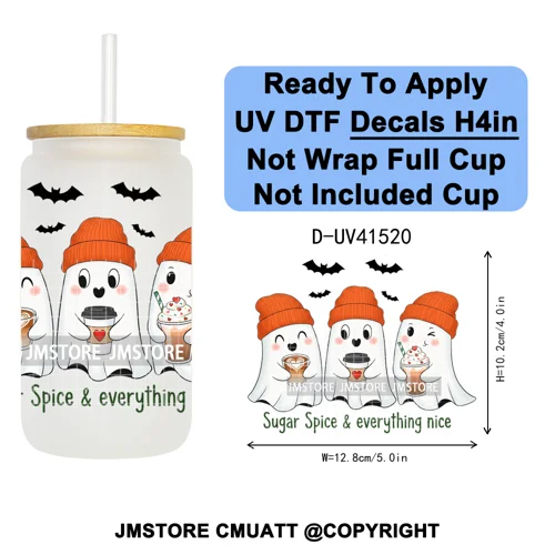 Spooky Highland Cow Halloween Ghosts Pumpkin UV DTF Decals Ready To Apply Waterproof Transfer Stickers For 16OZ Libbey Glass Can
