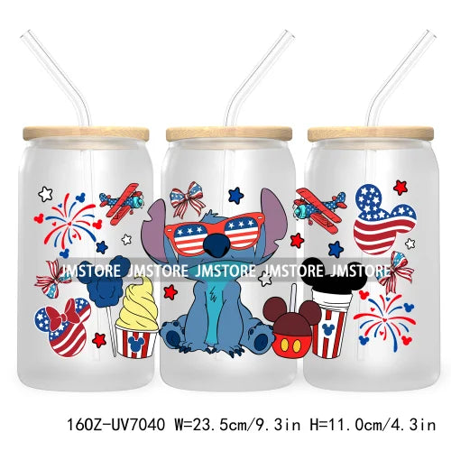 Happy 4TH Of July Cartoon Bear Friends 16OZ UV DTF Cup Wrap Transfer Stickers For Libbey Glass Can Cups Tumbler Waterproof Craft