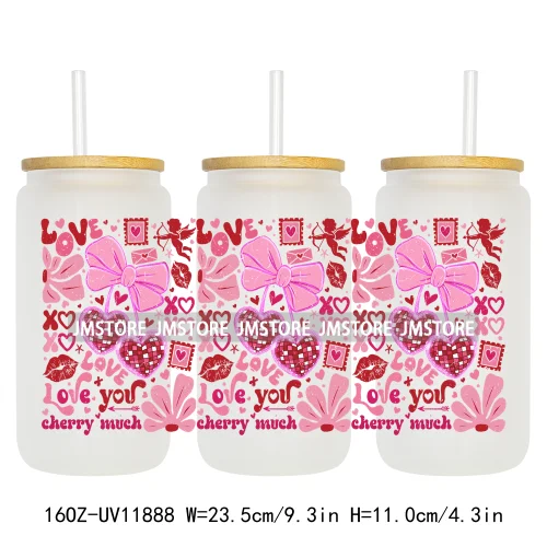 Coquette Bow Pencil 16OZ UV Cup Wrap DTF Transfer Stickers For Libbey Glass Can Cups Tumbler Cherry Heart Love Valentines Day