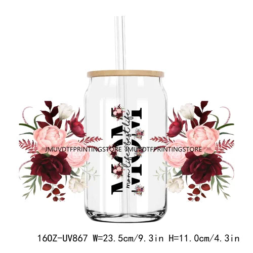 Mama Floral Flower Mother's Day UV DTF Sticker For 16OZ Libbey Glass Cup Can Wrap Transfer Sticker Custom Labels DIY Logo