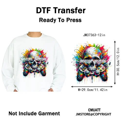12in Colorful Graffiti Streetwear Skeleton Game Over Iron on DTF Thermal Transfers Stickers Printing Ready to Press for T-shirts