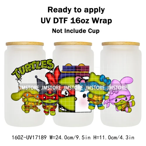 Coquette Bow Cartoon Turtles Characters 16OZ UV DTF Cup Wraps Ready To Apply Waterproof Transfer Stickers For Libbey Glass Can