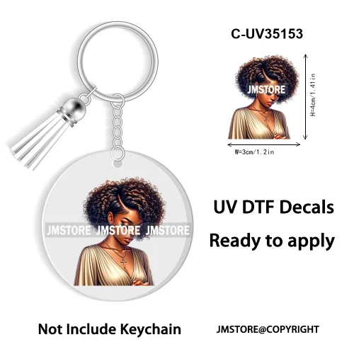 Christian Jesus God Pray Afro Girl UV DTF Decal Round Keychain Ready To Apply WaterProof Transfer Stickers For Circle Keychain