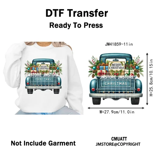 Christmas Pickup Truck Car Winter Tree Snowy Holiday Decoration Iron on DTF Heat Transfers Stickers Ready to Press for Clothing