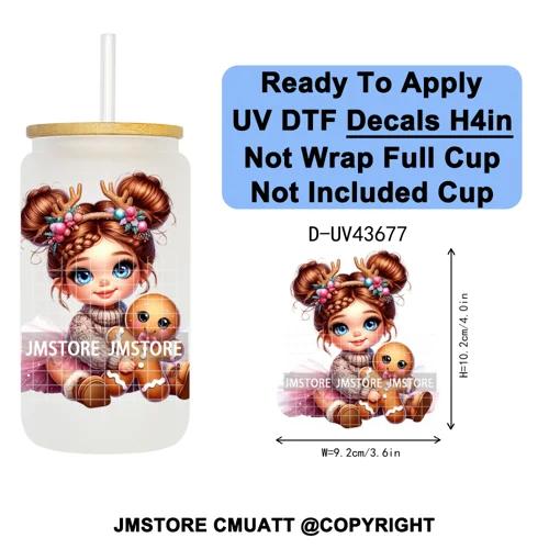 Floral Christmas Latina Chibi Girl UV DTF Transfer Stickers Decals Ready To Apply Good Quality Prints For Libbey Cold Cup Mugs