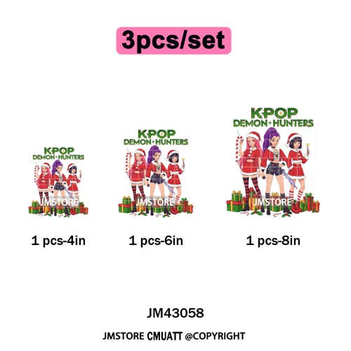 Kpop Christmas Santa Boys Girls Band Cartoon Demon Characters Iron on Washable DTF Transfers Stickers Ready to Press for Clothes