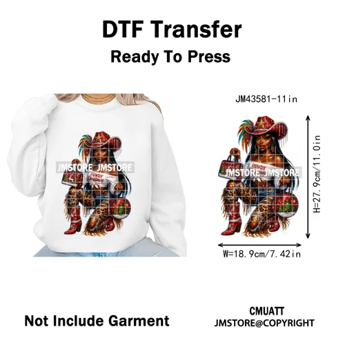 Western Cowgirl African Melanie Boots Howdy Christmas Iron on Washable DTF Heat Transfer Stickers Ready to Press for Hoodies Bag