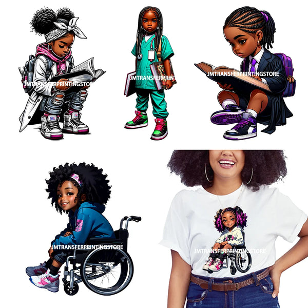 Career Themed African American Girls Logos Iron On DTF Afro Black Kids Transfers Stickers Printing Ready To Press For Clothing