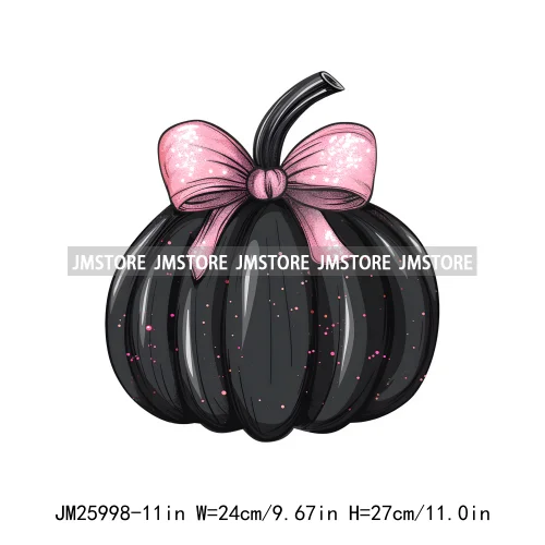 Colorful Gothic Girly Halloween Black Pumpkin Coquette Bow Decasl DTF Iron On Transfers Stickers Ready To Press For T-shirt Bags