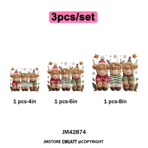 Faux Latch Hook Yarn Crochet Christmas Highland Cow Santa Iron on DTF Washable Transfer Stickers Ready to Press for Garment Bags