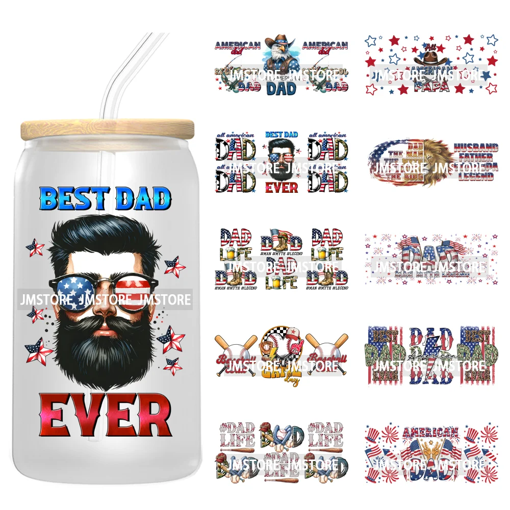 4th Of July American Dad Father's Day 16OZ UV DTF Cup Wraps Ready To Apply Waterproof Transfer Stickers For Libbey Glass Can Mug