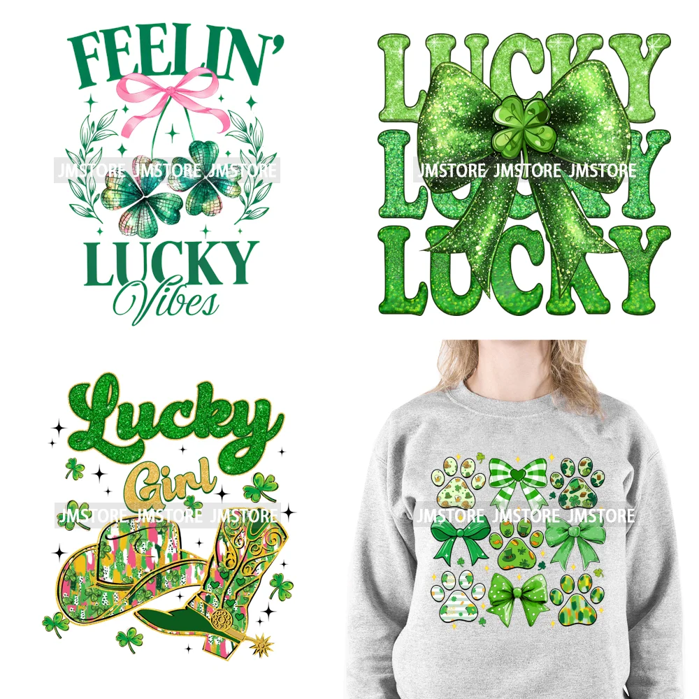 Feeling Lucky Vibes Coquette Shamrock Irish St Patrick's Day Iron On DTF Heat Transfers Stickers Ready To Press For T-shirts Bags