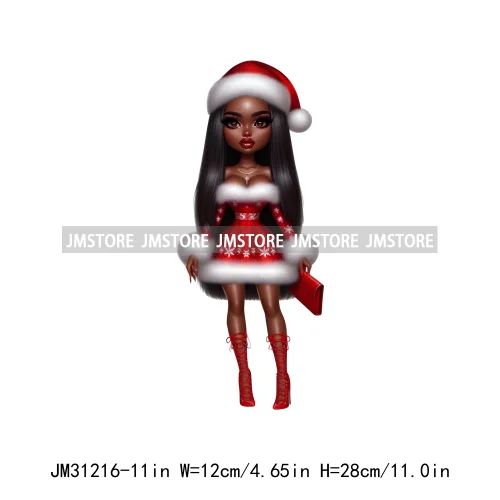 Merry And Bright Melanin Christmas Winter Festive Cheer Santa Woman Iron On DTF Transfer Stickers Ready To Press For Sweatshirts