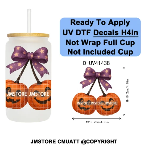 Highland Cow Horror Character Coquette Pumpkin UV DTF Decals Ready To Apply Durable Transfer Stickers For 16OZ Libbey Glass Can