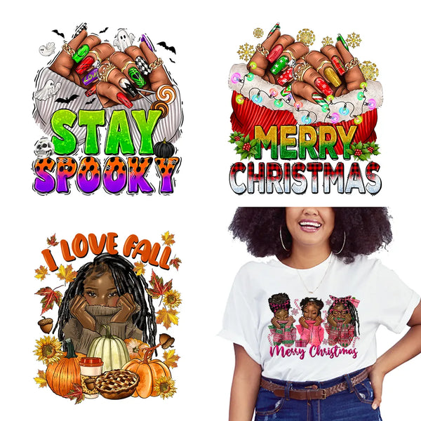 Festival Black Woman Nails Patches DTF Thankful Love Fall Stay Spooky Merry Christmas Afro Girl Transfer Stickers For T-Shirts