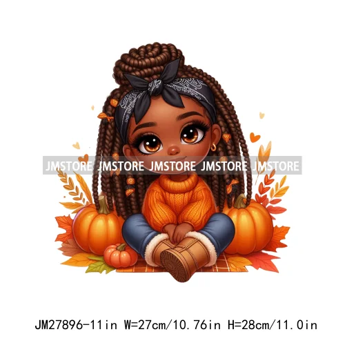 New Autumn Chibi Black Baby Girls Cartoon Afro Princess Pumpkin Fall Season DTF Iron On Heat Press Transfer Stickers For Hoodies