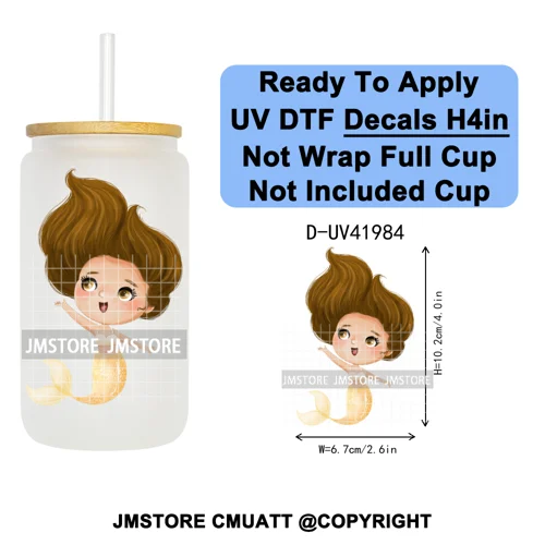 Cute Little Mermaid Cartoon Princess Festive UV DTF Transfer Stickers Decals Ready To Apply Waterproof For 16OZ Libbey Glass Can