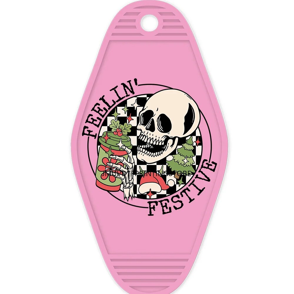 Christmas Skull With Coffee Cup High Quality WaterProof UV DTF Sticker For Motel Hotel Keychian Christmas Santa Designs