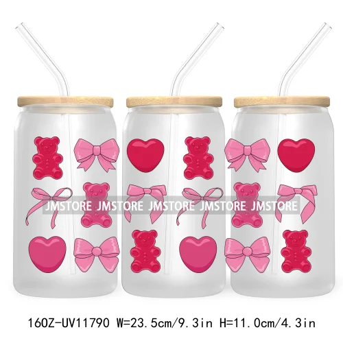 Trendy Girly Coquette Cherry Bow Valentines Gift Bears UV DTF Cup Wrap Transfer Stickers For 16OZ Libbey Glass Can Custom Logo