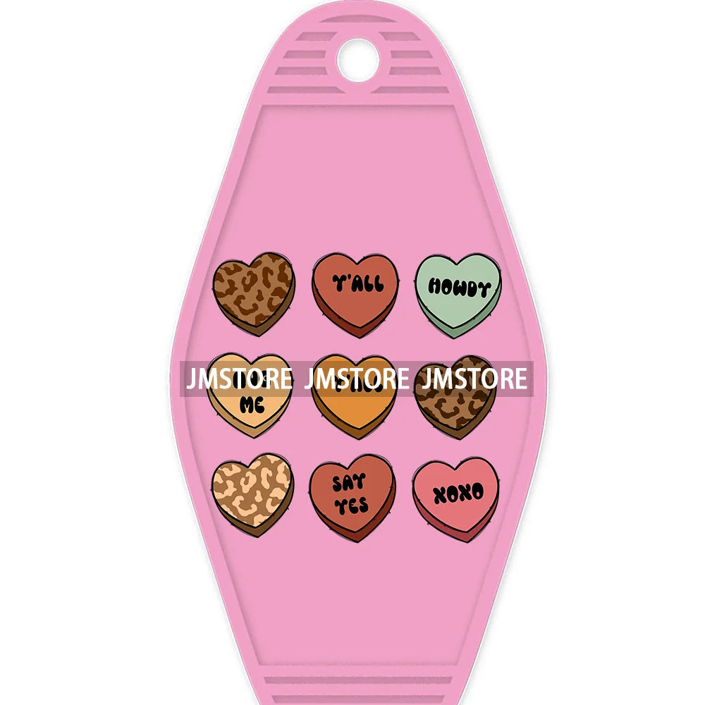 Pink Cowgirl Valentine's Day Candy Hearts High Quality WaterProof UV DTF Sticker For Motel Hotel Keychain Leopard Love Vibes