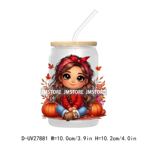 Latina Chibi Autumn Baby Little Girl UV DTF Transfer Stickers Decals For Libbey Cold Cups Mugs Tumbler Fall Vibes Pumpkin Season