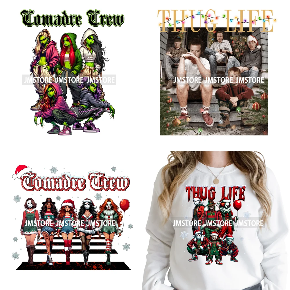 Winter Christmas Cartoon Holiday Characters Thug Life Green Iron on Washable DTF Transfers Stickers Ready to Press for Textiles