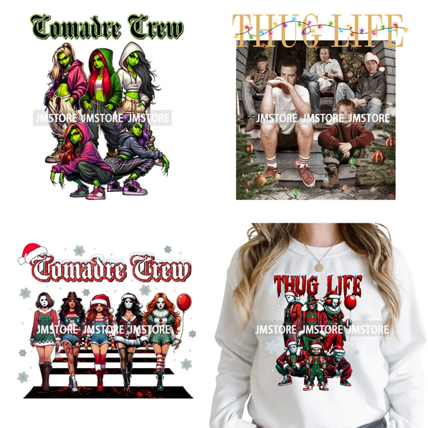 Winter Christmas Cartoon Holiday Characters Thug Life Green Iron on Washable DTF Transfers Stickers Ready to Press for Textiles