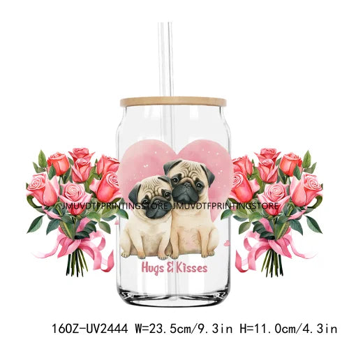 Valentine's Day Animals With Rose 16OZ UV DTF Cup Wrap Transfers Stickers Custom Labels DIY Waterproof Logo For Libbey Glass Can