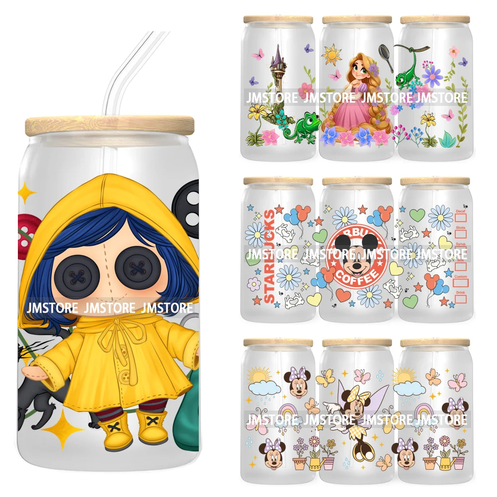 Cartoon Princess Floral Flowers 16OZ UV DTF Cup Wrap Transfer Stickers Custom Labels Waterproof For Libbey Glass Can Best Friend