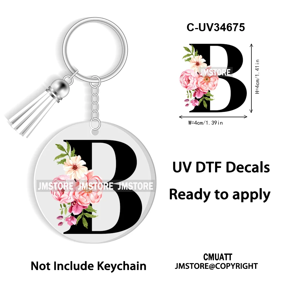 Floral Whole Entire Alphabet Flowers Black Letters Monogram WaterProof UV DTF Stickers For Round Circle Acrylic Keychain Keyring