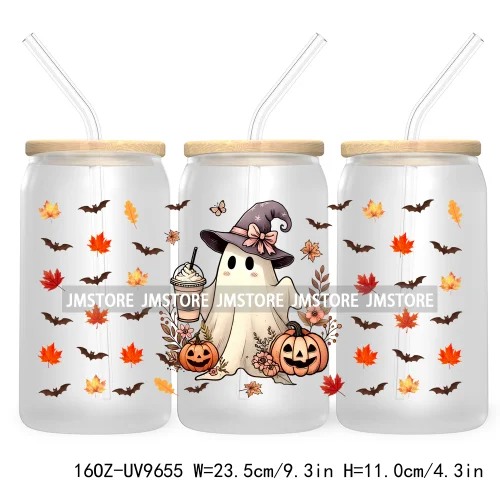 Spooky Ghost Fall Halloween Pumpkin Season UV DTF Sticker For 16OZ Libbey Glass Cup Can Autumn Leaves Wrap Transfer Stickers