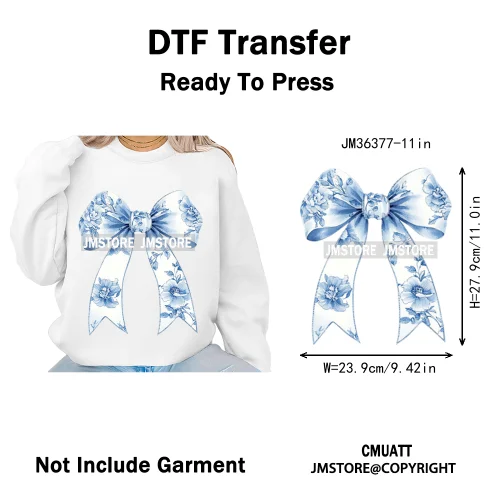 Blue And White Toile Chinoiserie Floral Coquette Bow Thermal Decals Iron on DTF Transfers Stickers Ready to Press for Clothing