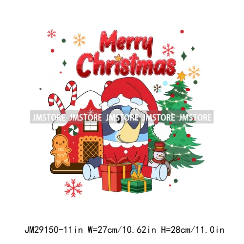 Cute Cartoon Blue Dog Family Character Merry Christmas Vibes Decals Iron On DTF Transfers Stickers Ready To Press For Sweatshirt