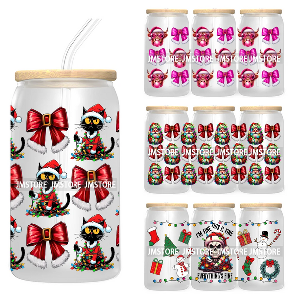 Skeleton Christmas 16OZ UV DTF Cup Wrap Transfer Stickers Durable Waterproof For Libbey Glass Can Coquette Bow Christmas Santa