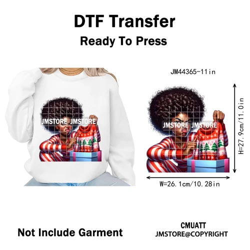 Funny Xmas Afro Glam Girly Gifts Holly Christmas Light Iron on Washable DTF Heat Transfers Stickers Ready to Press for Clothes