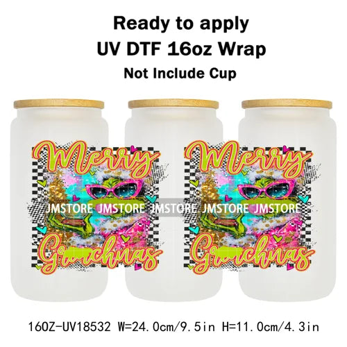 Coquette Bow Christmas Green Character UV DTF Stickers Ready To Apply Cup Wrap Custom Labels DIY Craft For Libbey Glass Can Mugs