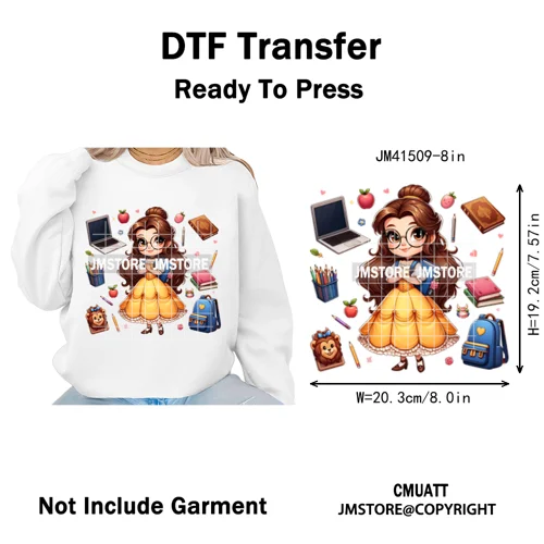 Cartoon Movie Friends Princess Back to School Teacher Learn Iron on DTF Washable Transfer Sticker Ready to Press for Kid Hoodies