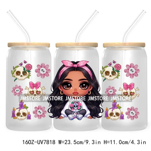 Cute Chibi Mexican Latina Baby Girl 16OZ UV DTF Cup Wrap Transfers Stickers For Libbey Glass Can Cups Tumbler Waterproof Skulls