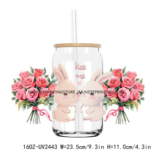 Valentine's Day Animals With Rose 16OZ UV DTF Cup Wrap Transfers Stickers Custom Labels DIY Waterproof Logo For Libbey Glass Can