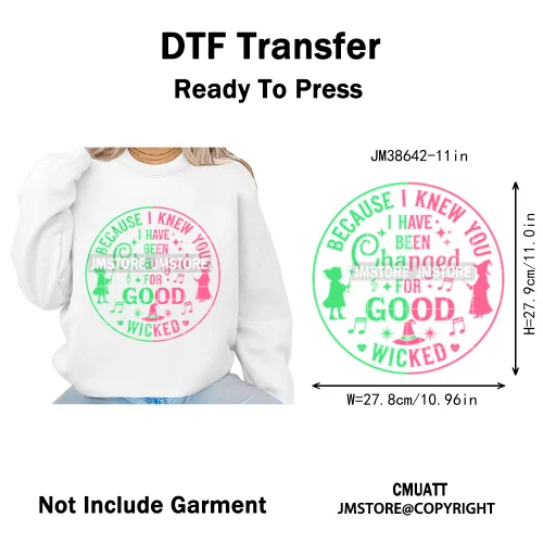 Witch Changed For Good Faux Glitter Pink and Green Movie Iron on DTF Washable Transfers Stickers Ready to Press for Clothes Bags