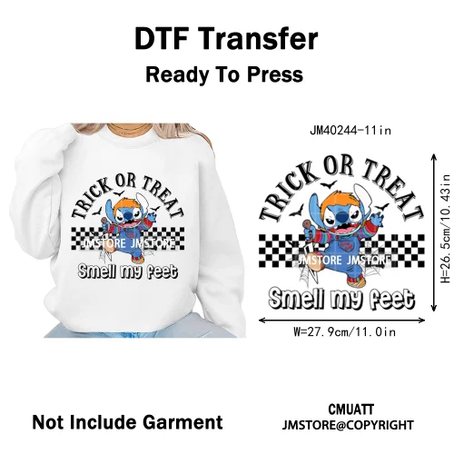 Checkered Trick Or Treat Scary Killer Character Halloween Vibes Iron on DTF Washable Transfer Sticker Ready to Press for Hoodies