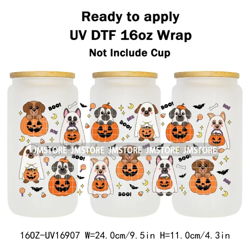 Spooky Season Halloween Pumpkin Ghost Witch Dogs UV DTF Wraps Transfer Sticker Selfadhesive Waterproof For 16OZ Libbey Glass Can