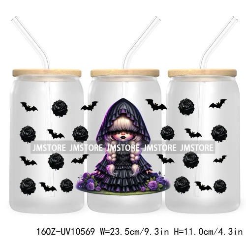 Gothic Girl Gnomes Halloween 16OZ UV Cup Wrap DTF Transfer Stickers For Libbey Glass Can Cups Tumbler Labels Spooky Bats Witch