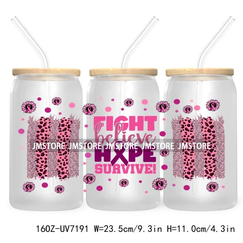 Peace Love Cure Breast Cancer Awareness Pink 16OZ UV DTF Cup Wrap Transfer Stickers For Libbey Glass Can Cups Tumbler October