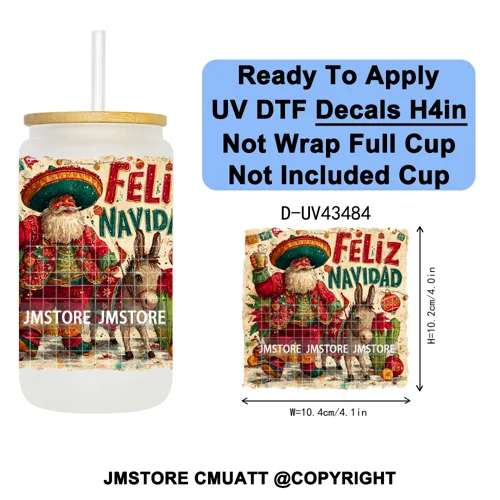 Feliz Navidad Mexican Christmas UV DTF Decals Ready To Apply Waterproof Transfer Stickers DIY Crafts For 16OZ Libbey Glass Can
