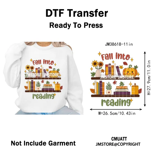 Fall Into Reading Sunflower Pumpkin Coquette Autumn Season Vibes Iron on DTF Heat Transfers Stickers Ready to Press for T-shirts