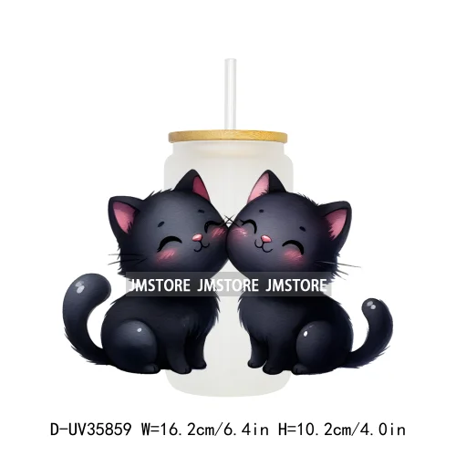 Valentine's Day Black Cat Couple UV DTF Transfer Stickers Decals Ready To Apply Waterproof For 16OZ Libbey Glass Can Cup Tumbler